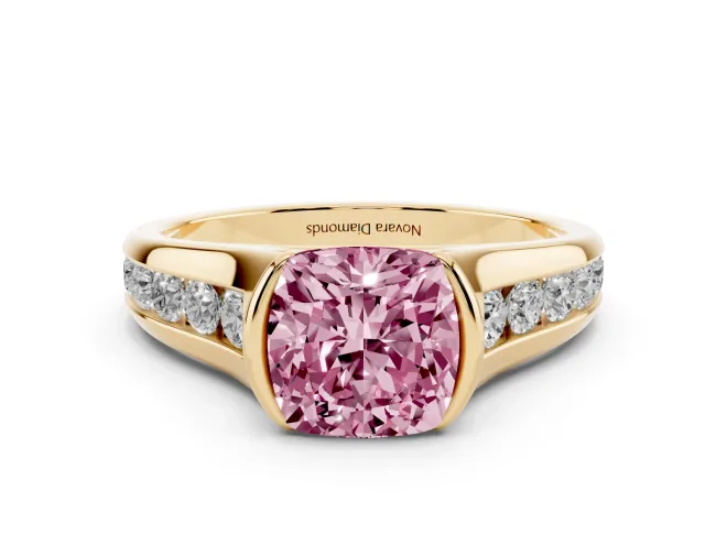 Cushion Cut Half Bezel Engagement Ring Setting for a Fancy Pink Lab-Grown Diamond | Yellow Gold