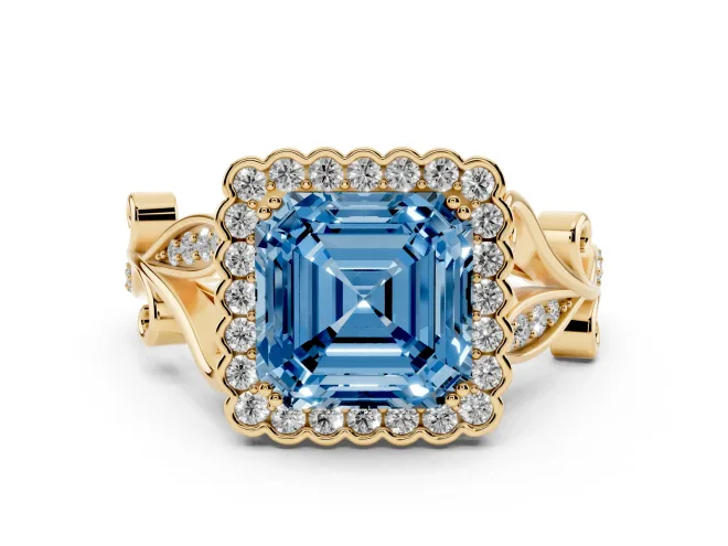 Fancy Blue Asscher Cut Diamond Halo Ring Set in Yellow gold with Leaf Motif Split Shank and Prong Setting