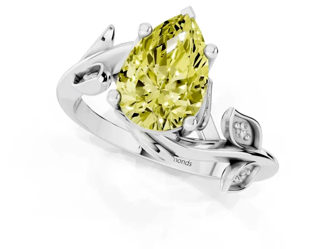 Fancy Yellow Pear Cut Diamond Solitaire Twist Engagement Ring Set in Silver with Pavé Leaf Accents – second view