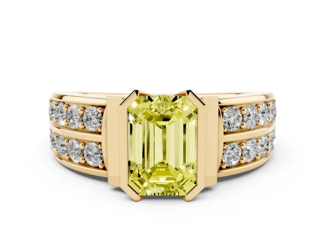 Emerald Cut Half Bezel Engagement Ring Setting for a Fancy Yellow Lab-Grown Diamond | Channel Band | Yellow Gold