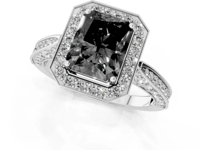 Fancy Black Radiant Cut Diamond Halo Engagement Ring Set in White gold with Accent Split Shank Band – second view