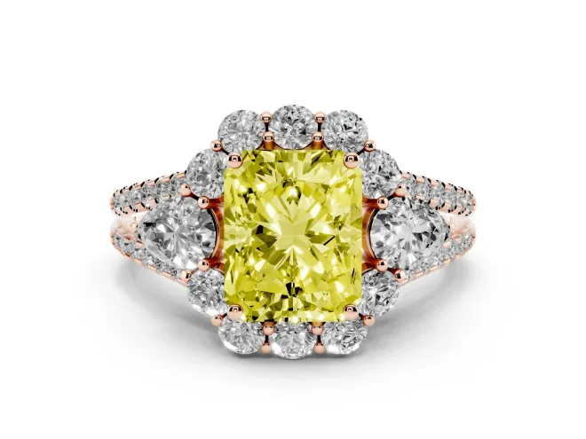 Radiant Cut Scalloped Halo Engagement Ring Setting for a Fancy Yellow Lab-Grown Diamond | Pear Side Stones | Rose Gold