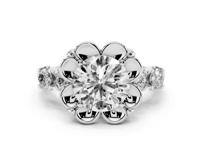 Round Cut Diamond Floral Halo Ring Set in Silver with Shared Prong Band