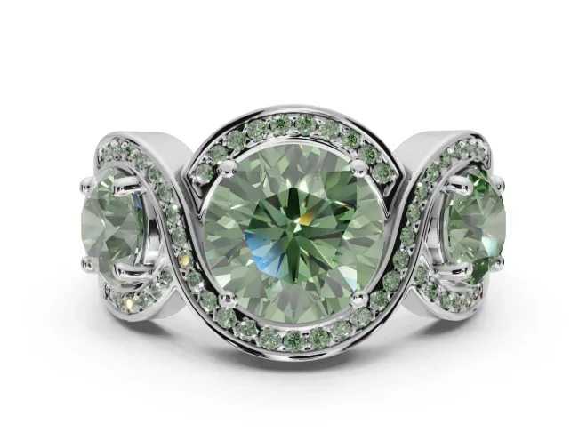 Round Three Stone Halo Engagement Ring Setting for a Fancy Green Lab-Grown Diamond | Pavé Wave Band | White Gold