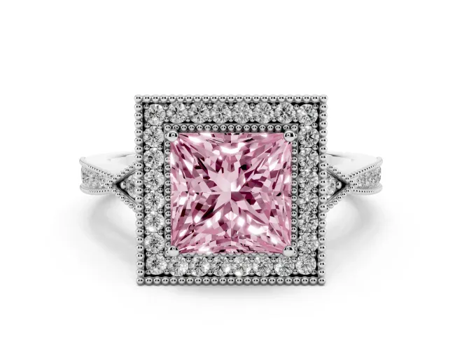 Princess Cut Milgrain Halo Engagement Ring Setting for a Fancy Pink Lab-Grown Diamond | Graduated Pavé | White Gold