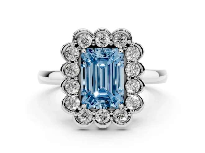Emerald Cut Scalloped Cluster Halo Engagement Ring Setting for a Fancy Blue Lab-Grown Diamond | Plain Band | White Gold