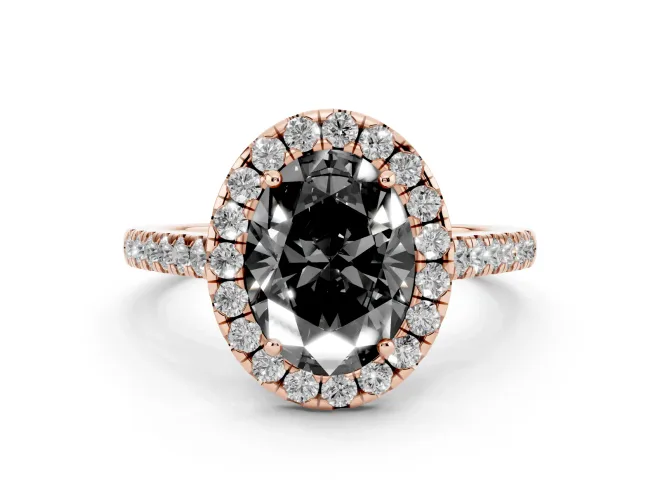 Fancy Black Oval Cut Diamond Halo Pavé Engagement Ring Set in Rose gold with Prong Setting
