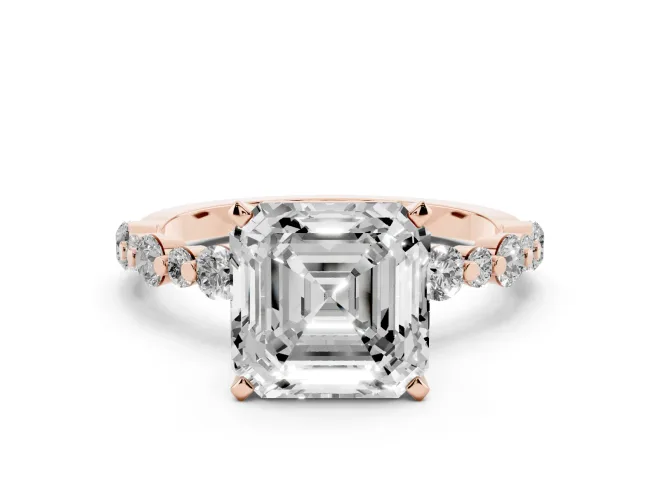 Asscher Cut Diamond Prong Set Engagement Ring Set in Rose gold with Round Accent Pavé Band