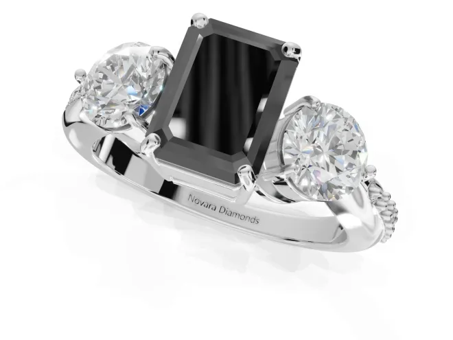 Fancy Black Emerald Cut Lab-Grown Diamond Three-Stone Ring Set in Sterling Silver with Channel-Set Band and Prong Setting – second view