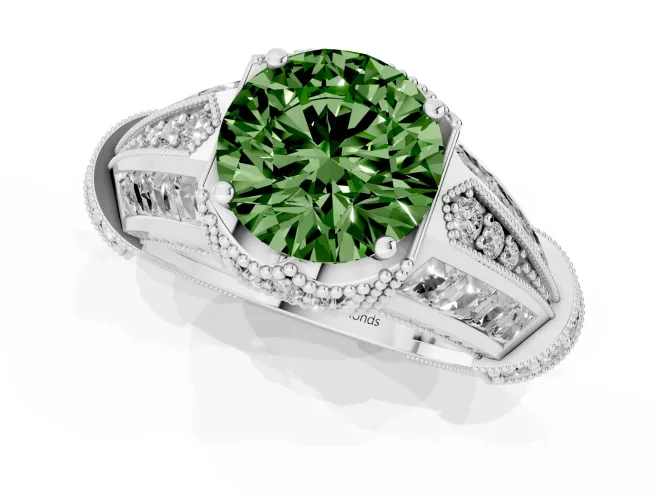 Fancy Green Round Cut Diamond Vintage-Inspired Milgrain Ring Set in White gold with Accent Split Shank – second view
