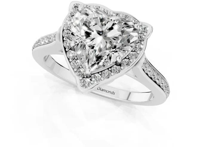Heart Cut Diamond Halo Ring Set in White gold with Pavé-Lined Shoulders and Prong Setting – second view