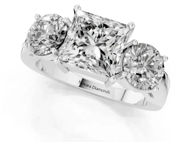 Princess Cut Diamond Three-Stone Ring Set in Silver with Round Side Stones and Classic Band – second view
