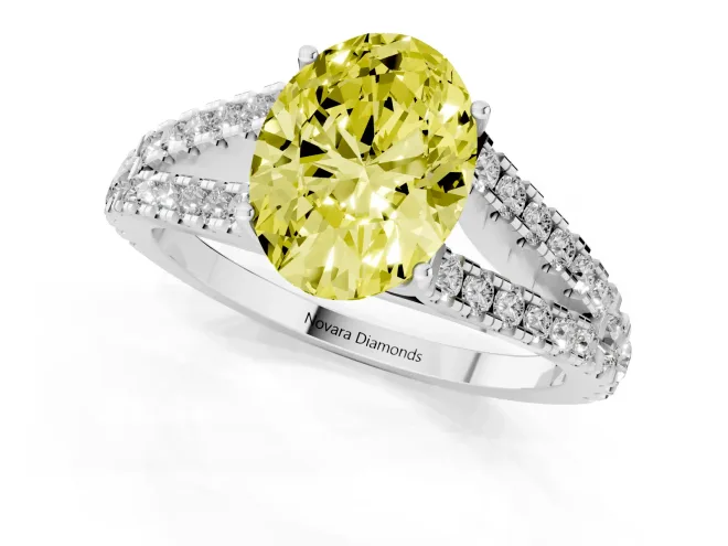 Fancy Yellow Oval Cut Diamond Split Shank Pavé Engagement Ring Set in Silver with Prong-Held Center Stone – second view