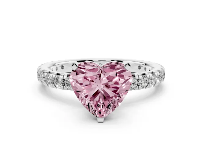 Fancy Pink Heart Cut Diamond Pavé Solitaire Ring Set in White gold with Round Band and Prong Setting