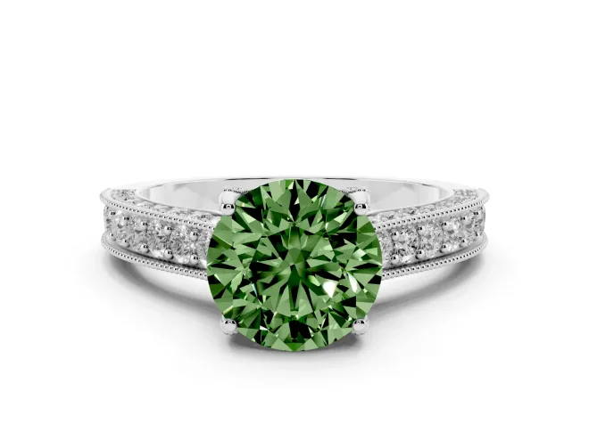 Round Vintage Hidden Halo Engagement Ring Setting for a Fancy Green Lab-Grown Diamond | Milgrain Pavé Band | Platinum