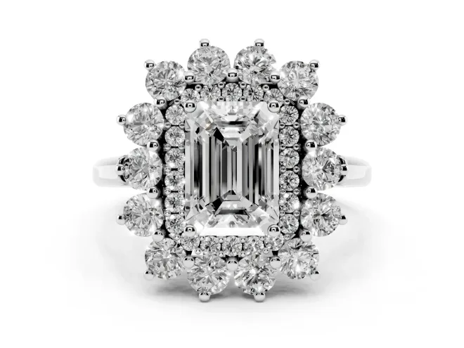 Emerald Cut Diamond Floral Double Halo Ring Set in Silver with Round Petals