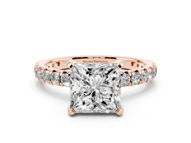 Princess Cut Diamond Pavé Solitaire Ring Set in Rose gold with Round Band and Prong Setting