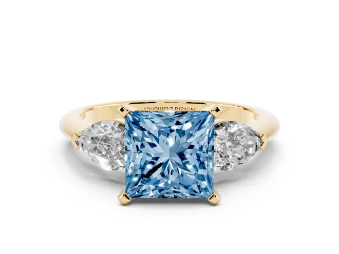 Princess Cut 3-Stone Engagement Ring Setting for a Fancy Blue Lab-Grown Diamond | Yellow Gold