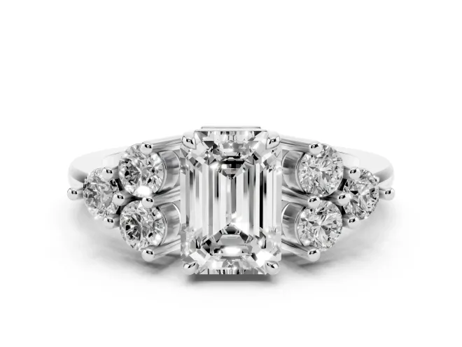 Emerald Cut Diamond Solitaire Ring Set in Platinum with Cluster Accents on Each Side