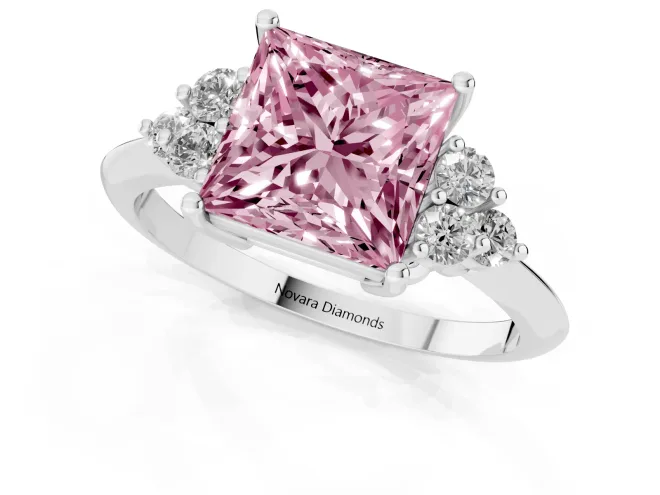 Fancy Pink Princess Cut Diamond Cluster Ring Set in White gold with Plain Band and Prong Setting – second view
