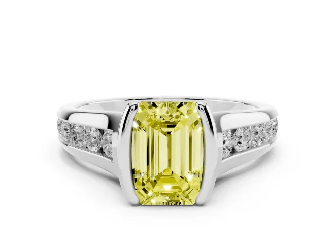 Emerald Cut Half Bezel Engagement Ring Setting for a Fancy Yellow Lab-Grown Diamond | Platinum