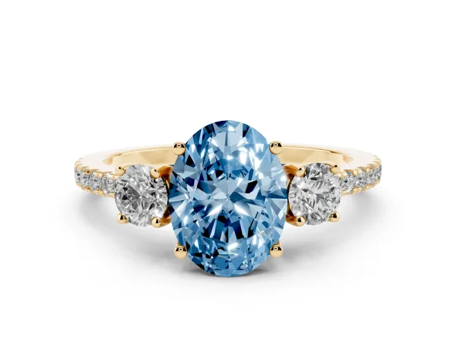Oval Three Stone Engagement Ring Setting for a Fancy Blue Lab-Grown Diamond | Pavé Shoulders | Yellow Gold