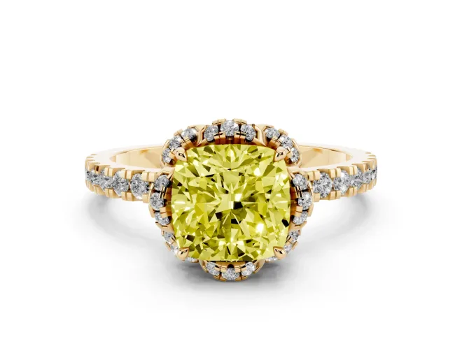 Cushion Cut Floral Petal Halo Engagement Ring Setting for a Fancy Yellow Lab-Grown Diamond | Pavé Band | Yellow Gold