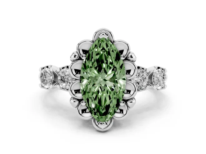 Fancy Green Marquise Cut Diamond Floral Halo Ring Set in Platinum with Shared Prong Band