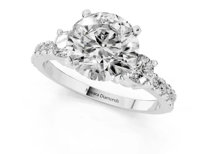 Three-Stone Round Cut Diamond Pavé Band Ring Set in Silver with Prong Setting – second view