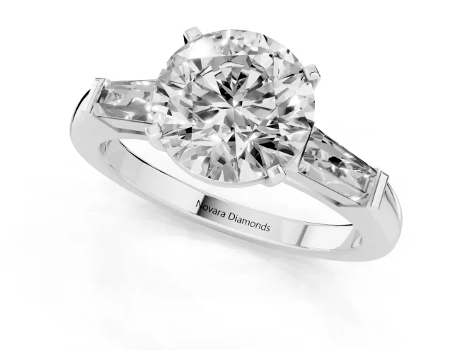 Round Cut Diamond Solitaire Ring Set in Silver with Tapered Baguette Side Stones and Prong Setting – second view