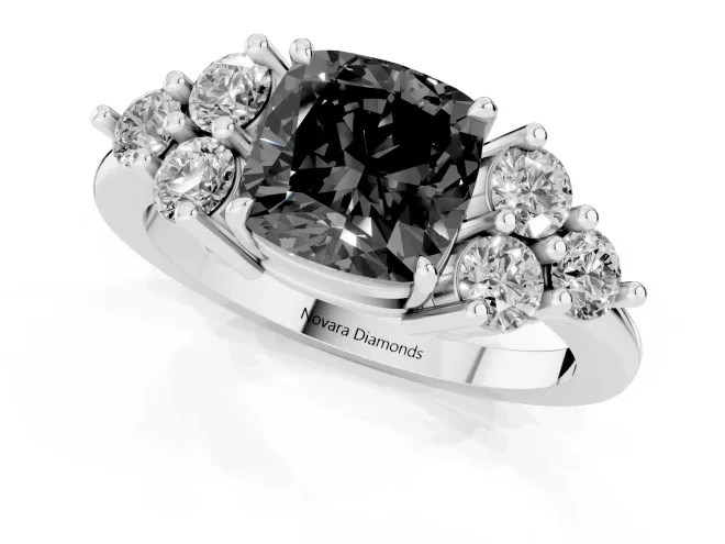 Fancy Black Cushion Cut Diamond Solitaire Ring Set in Platinum with Cluster Accents on Each Side – second view