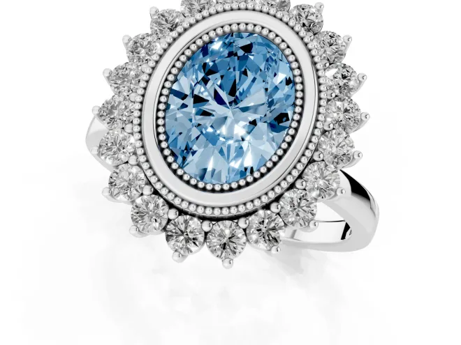 Fancy Blue Oval Cut Diamond Halo Ring Set in Platinum with Milgrain Edge and Round Prong Setting – second view