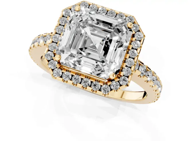 Asscher Cut Diamond Halo Ring Set in Yellow gold with Pavé Shoulders and Halo-Framed Center – second view