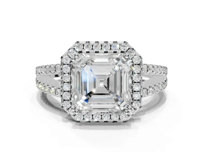 Asscher Cut Halo Split Shank Engagement Ring Setting | Pavé Shoulders | White Gold