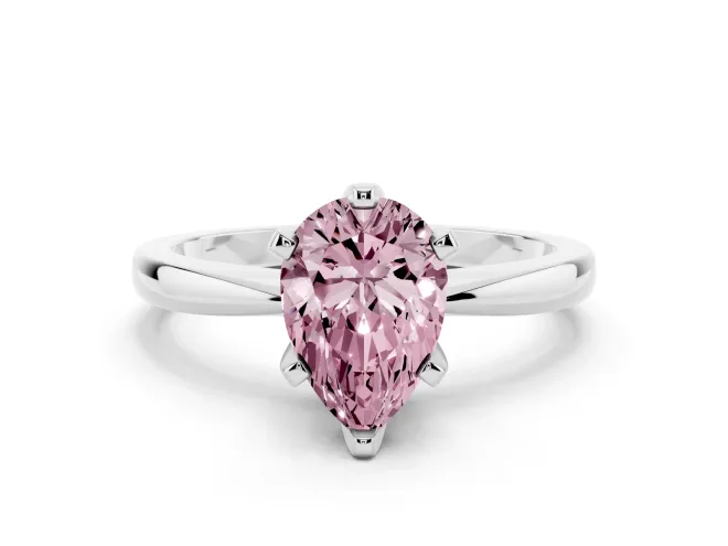 Fancy Pink Pear Cut Diamond Solitaire Engagement Ring Set in Platinum with Slim Tapered Solitaire Band