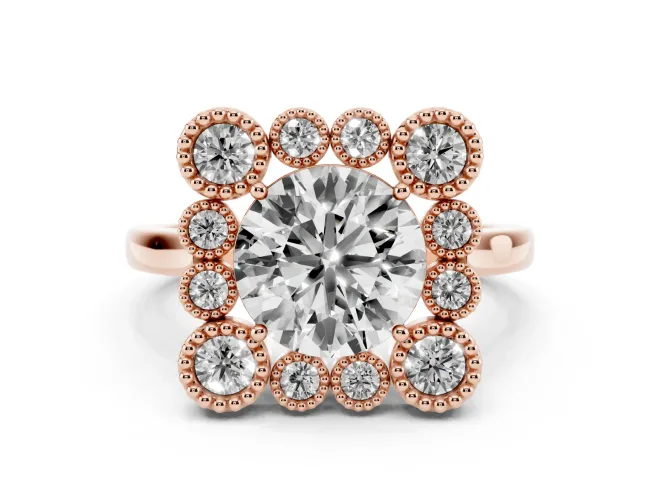 Round Vintage Milgrain Bezel Cluster Halo Engagement Ring Setting | Plain Band | Rose Gold