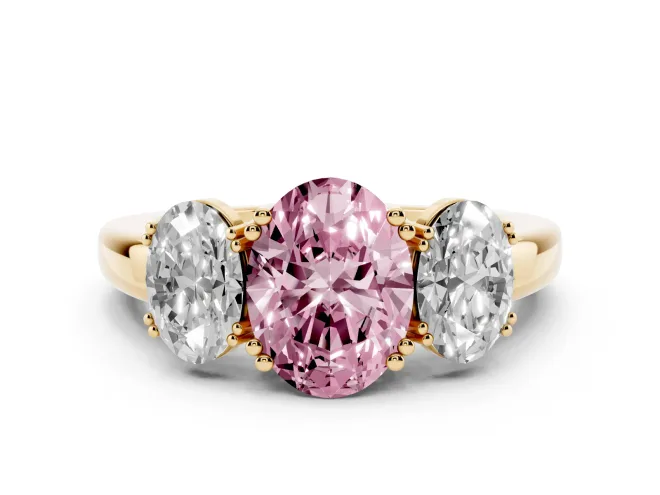 Fancy Pink Oval Cut Diamond Three-Stone Ring Set in Yellow gold with Polished Band and Prong Setting