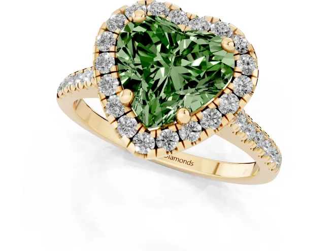 Fancy Green Heart Cut Diamond Cushion Halo Ring Set in Yellow gold with Pavé Band – second view