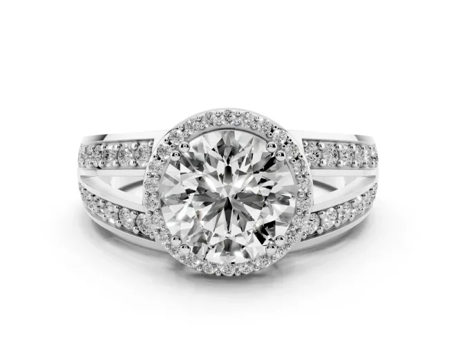 Round Cut Diamond Halo Ring Set in White gold with Double Pavé Split Shank