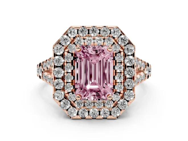 Emerald Cut Halo Split Shank Engagement Ring Setting for a Fancy Pink Lab-Grown Diamond | Pavé Strands | Rose Gold