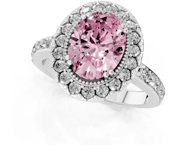 Fancy Pink Oval Cut Diamond Halo Ring Set in White gold with Pavé Shank and Prong Setting – second view