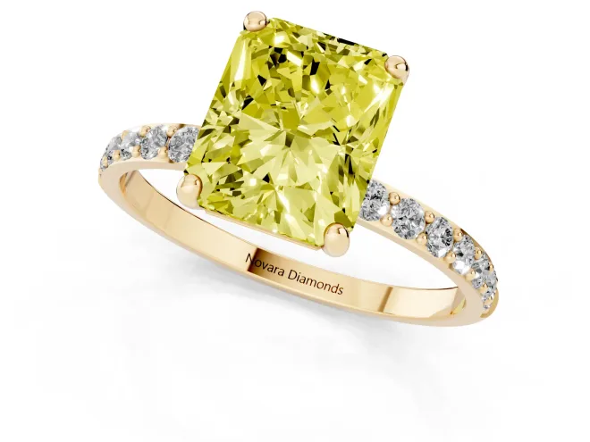 Fancy Yellow Radiant Cut Diamond Solitaire Ring Set in Yellow gold with Round Pavé Band and Prong Setting – second view