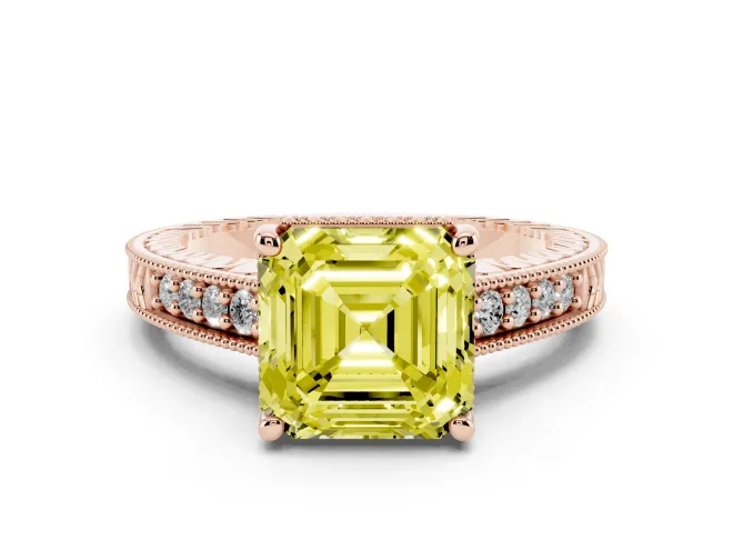 Asscher Cut Engraved Engagement Ring Setting for a Fancy Yellow Lab-Grown Diamond | Rose Gold