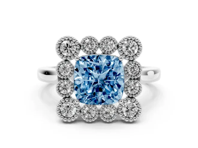 Fancy Blue Cushion Cut Diamond Cluster Halo Ring Set in Platinum with Milgrain Bezel Accents and Plain Band