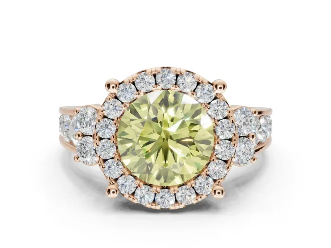 Round Halo Engagement Ring Setting for a Fancy Yellow Lab-Grown Diamond | Side Clusters | Rose Gold