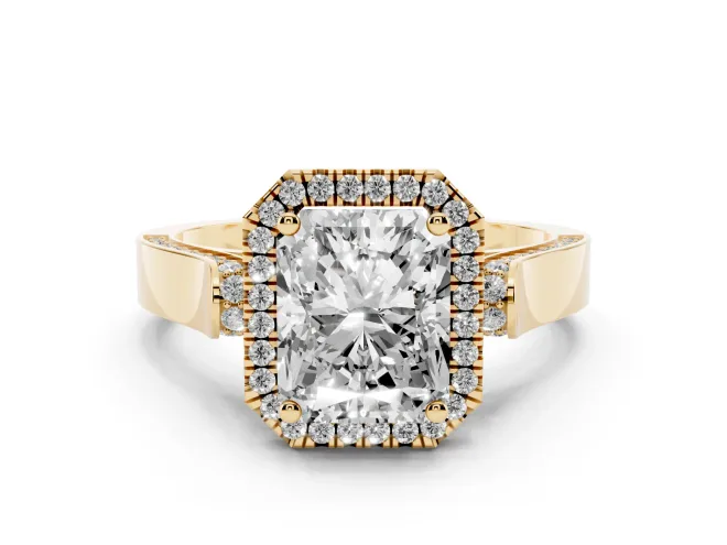 Radiant Cut Halo Engagement Ring Setting | Pavé Panel Shoulders | Yellow Gold