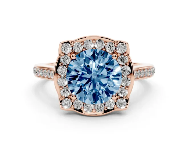 Round Halo Engagement Ring Setting for a Fancy Blue Lab-Grown Diamond | Petal Tips | Rose Gold