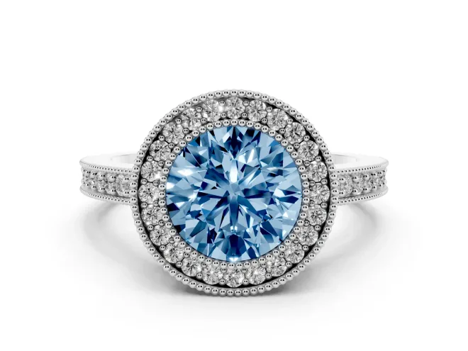 Round Milgrain Halo Engagement Ring Setting for a Fancy Blue Lab-Grown Diamond | Pave Band | Sterling Silver