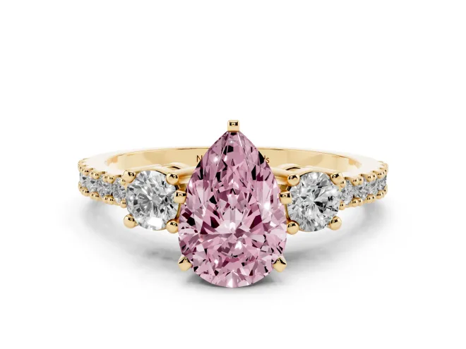 Pear-Shaped Three Stone Engagement Ring Setting for a Fancy Pink Lab-Grown Diamond | Pavé Band | Yellow Gold