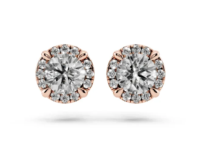 Round Lab-Grown Diamond Pavé Halo Stud Earrings | Accented Head | Rose Gold